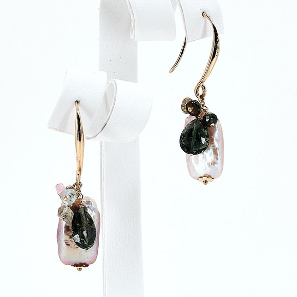 Baroque Pearl & Tourmaline Cluster Earrings, 14K Gold Filled Dainty Ear Wires - Picture 4 of 9
